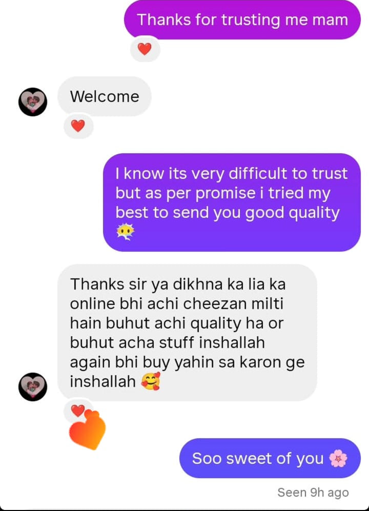 A screenshot of a mobile messaging app chat thread with purple message bubbles and a white background.