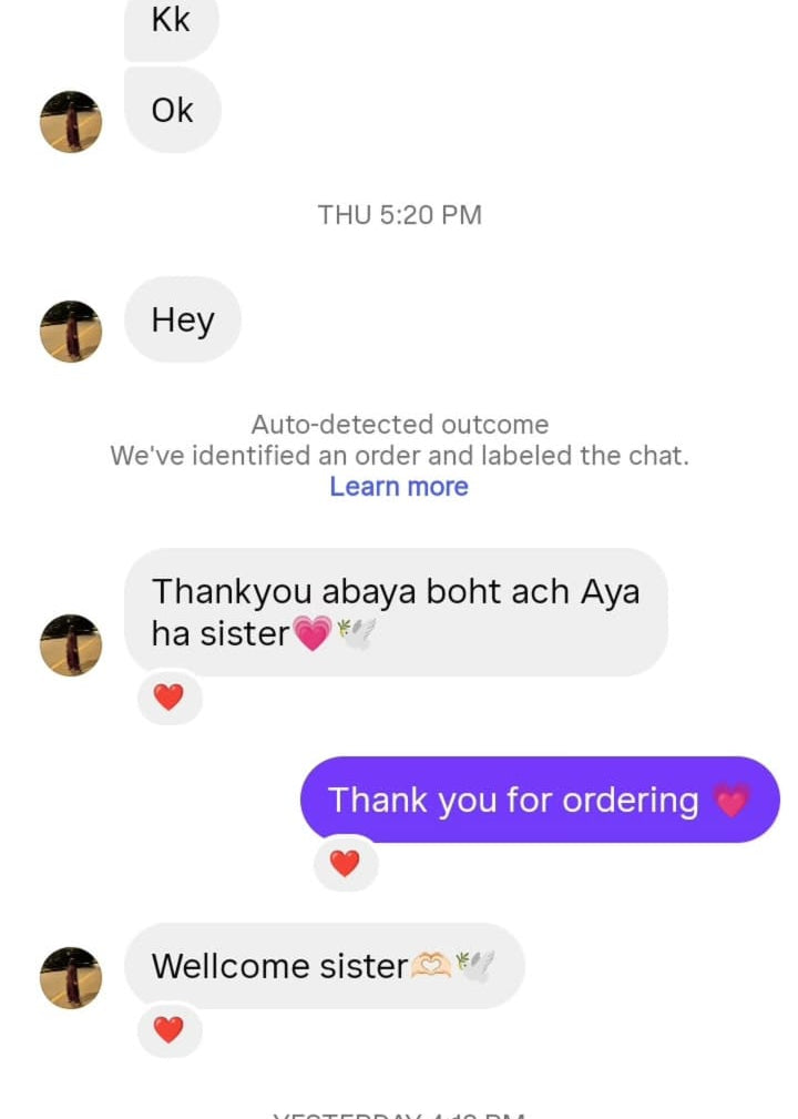 A screenshot of a mobile messaging app showing a chat thread with text messages and small profile pictures on a white background.