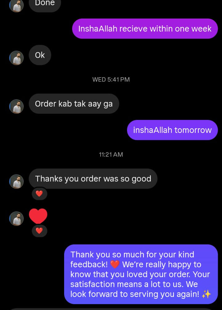 A screenshot of a WhatsApp chat on a black background, showing a customer service representative named 'wb fan' responding to feedback about an order. The chat includes purple and gray message bubbles and timestamps.