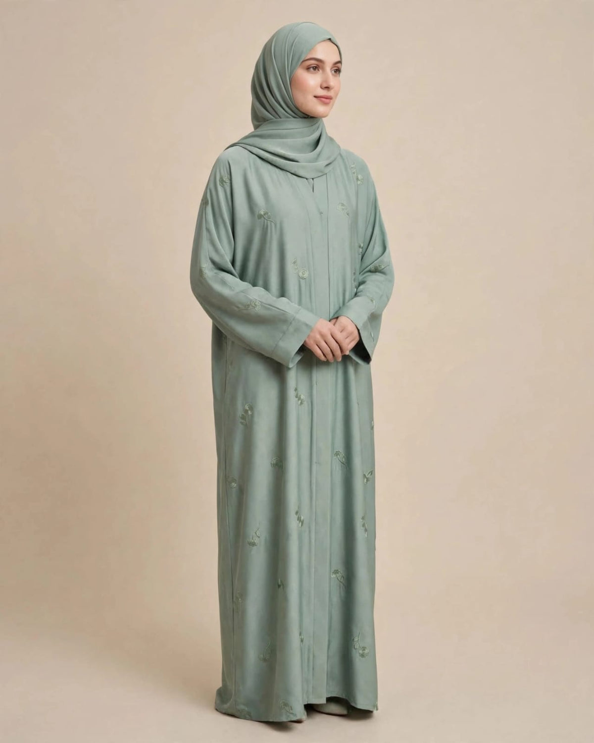 Flower Embroidery Abaya - Pistachio