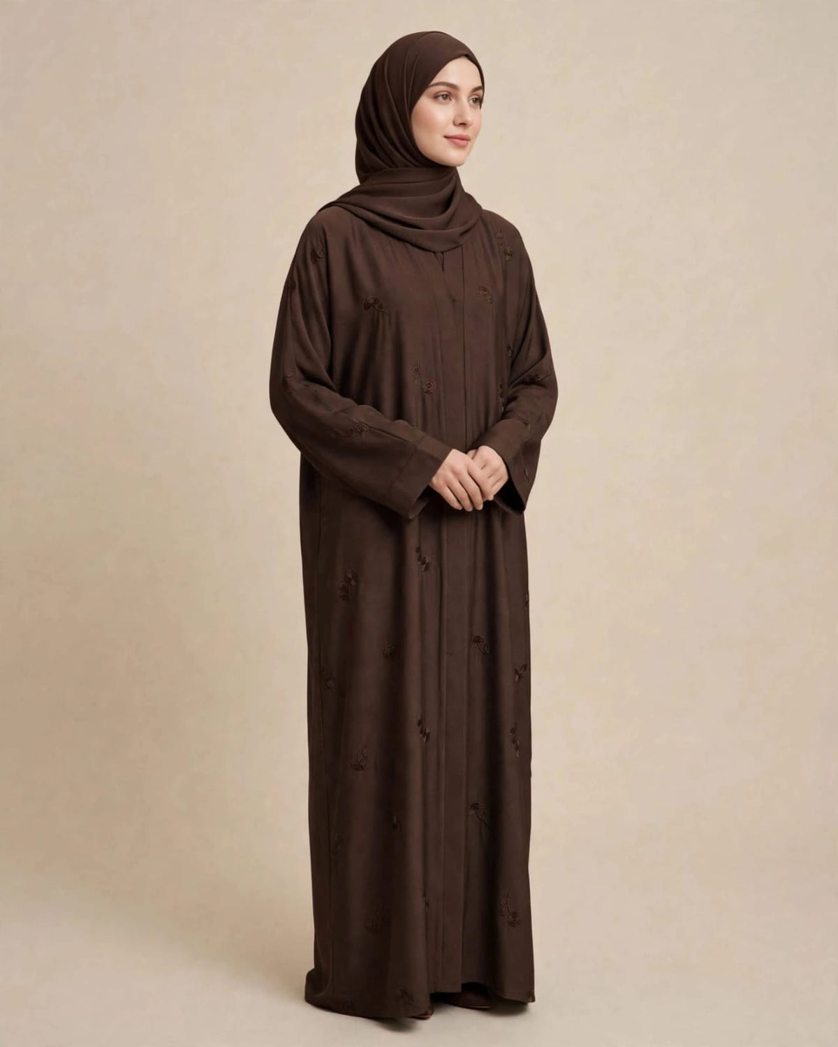 Flower Embroidery Abaya - Chocolate Brown