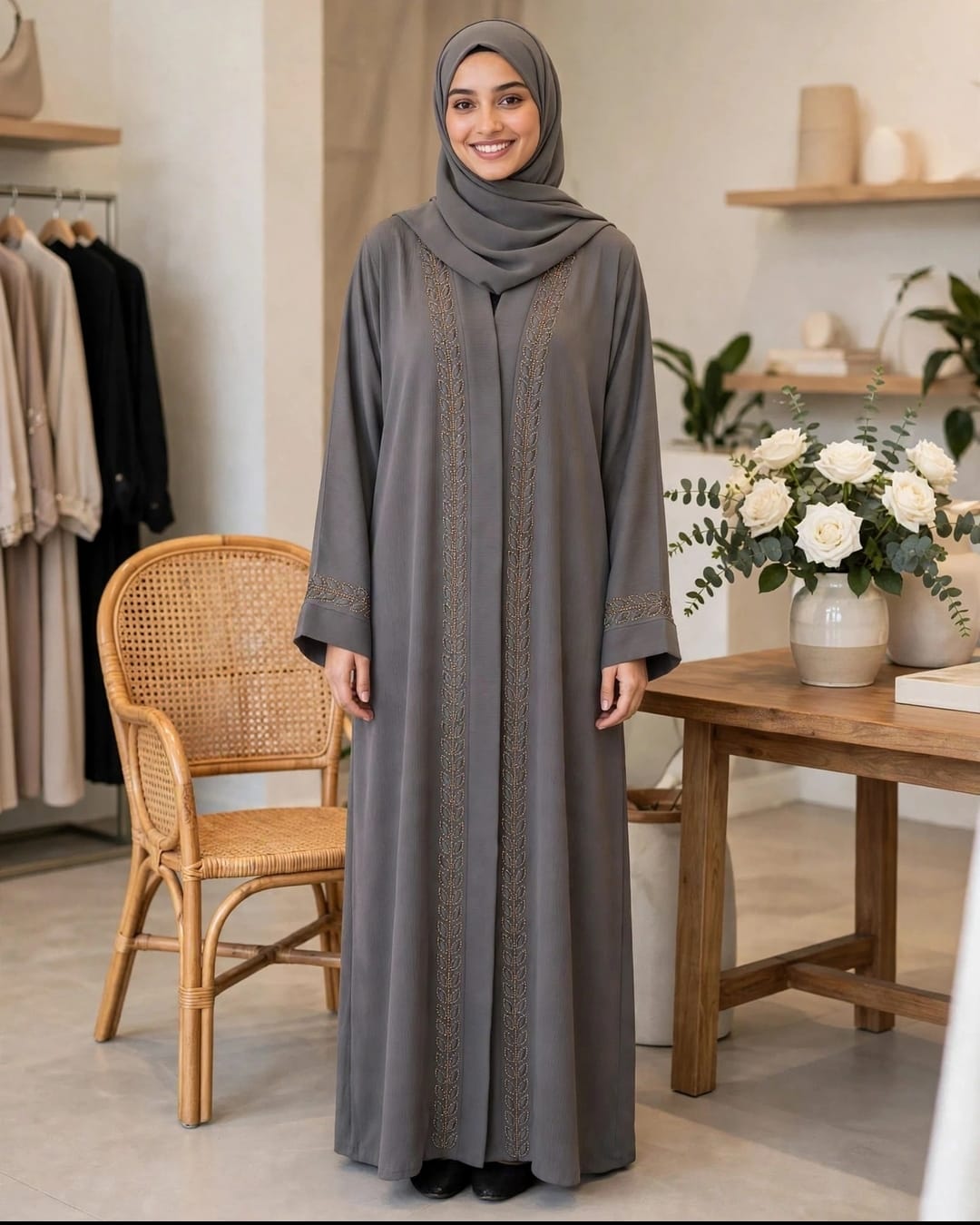 Front Open Embroidery Abaya - Grey