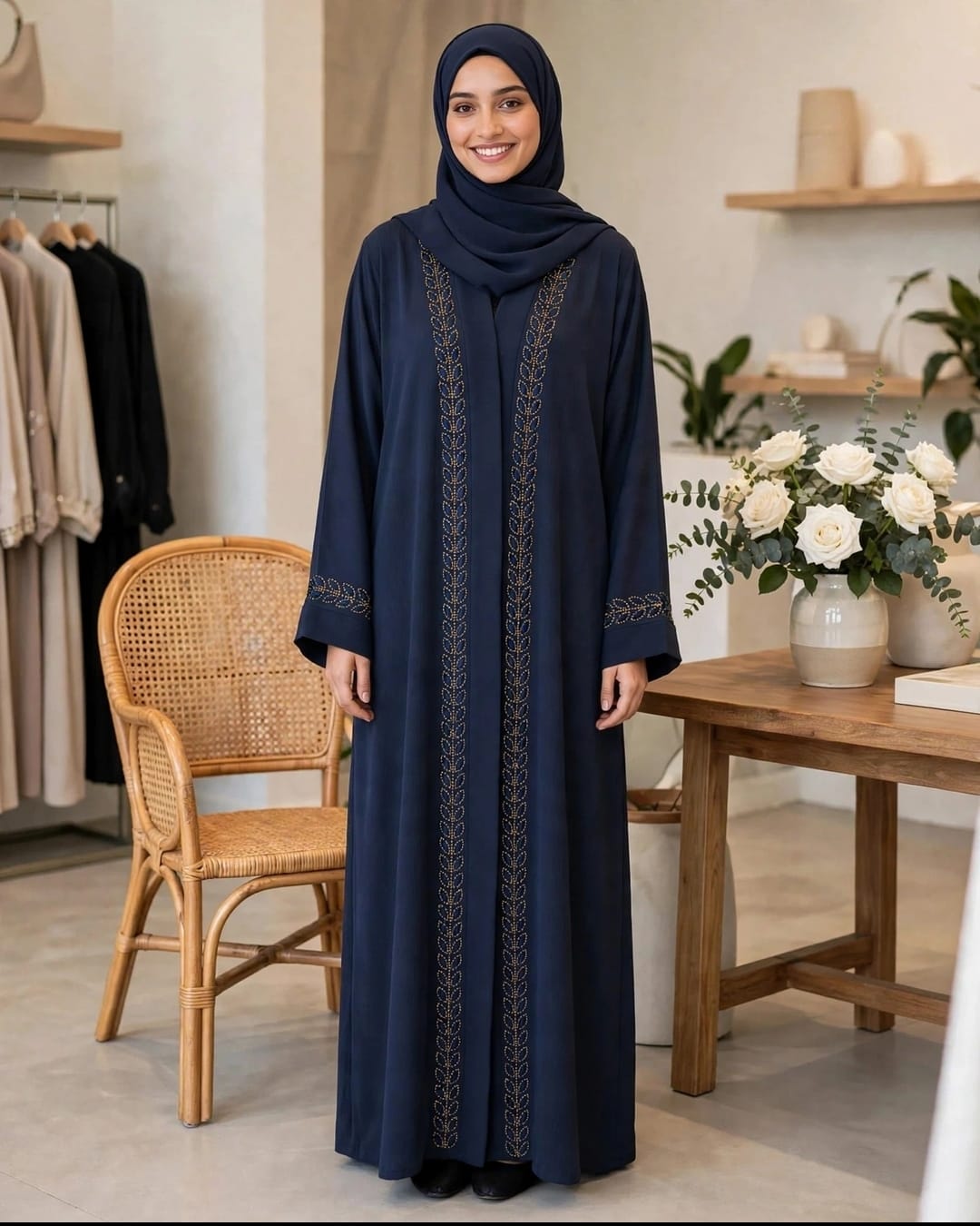 Front Open Embroidery Abaya - Navy Blue