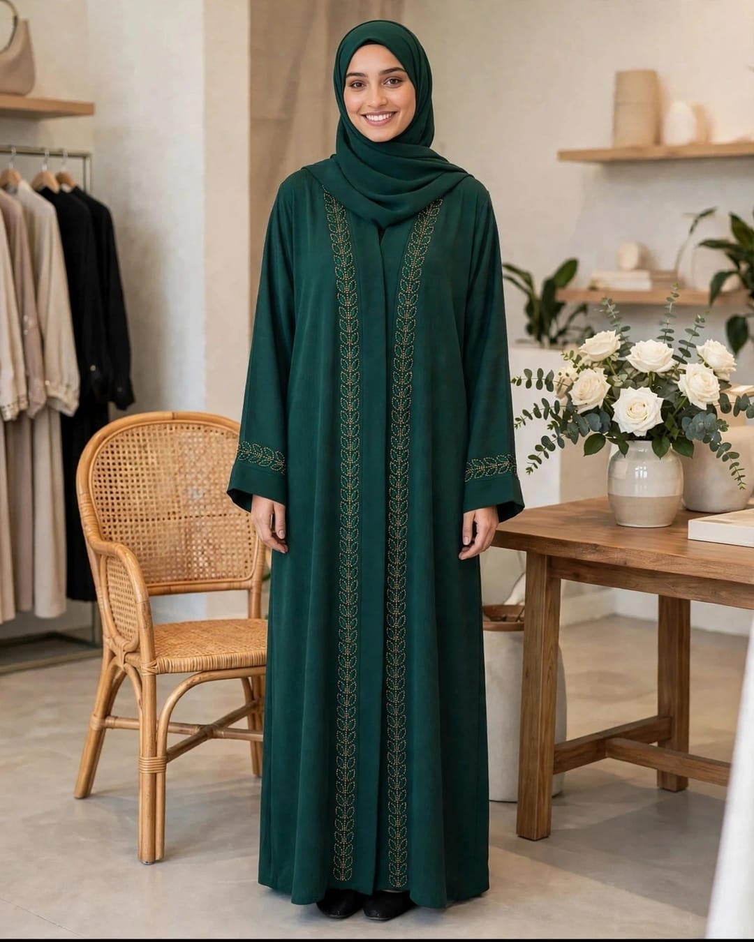 Front Open Embroidery Abaya - Forest Green