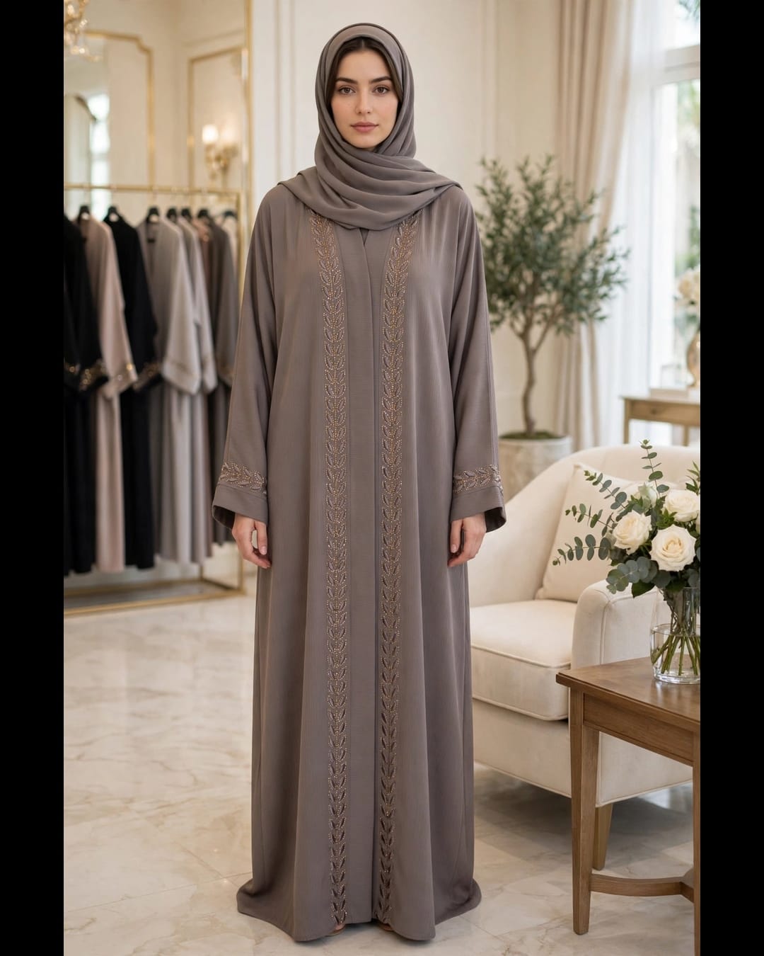 Front Open Embroidery Abaya - Dove Grey