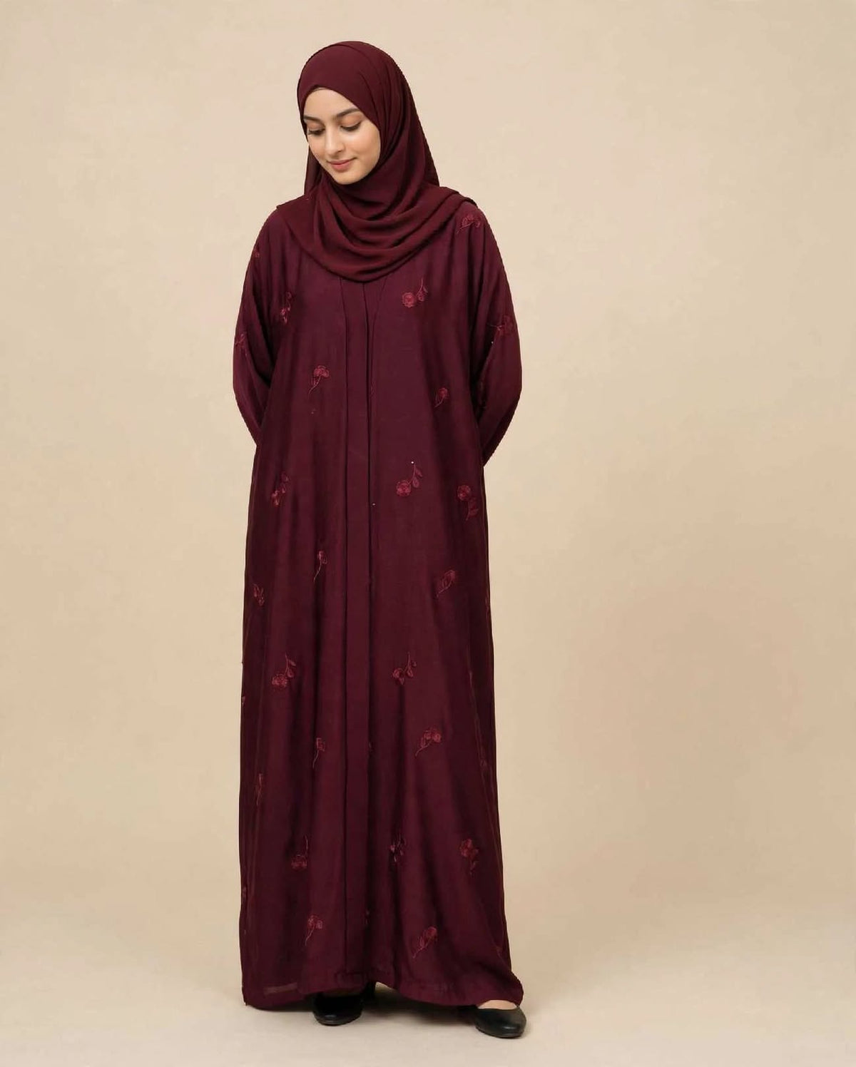 Flower Embroidery Abaya - Maroon