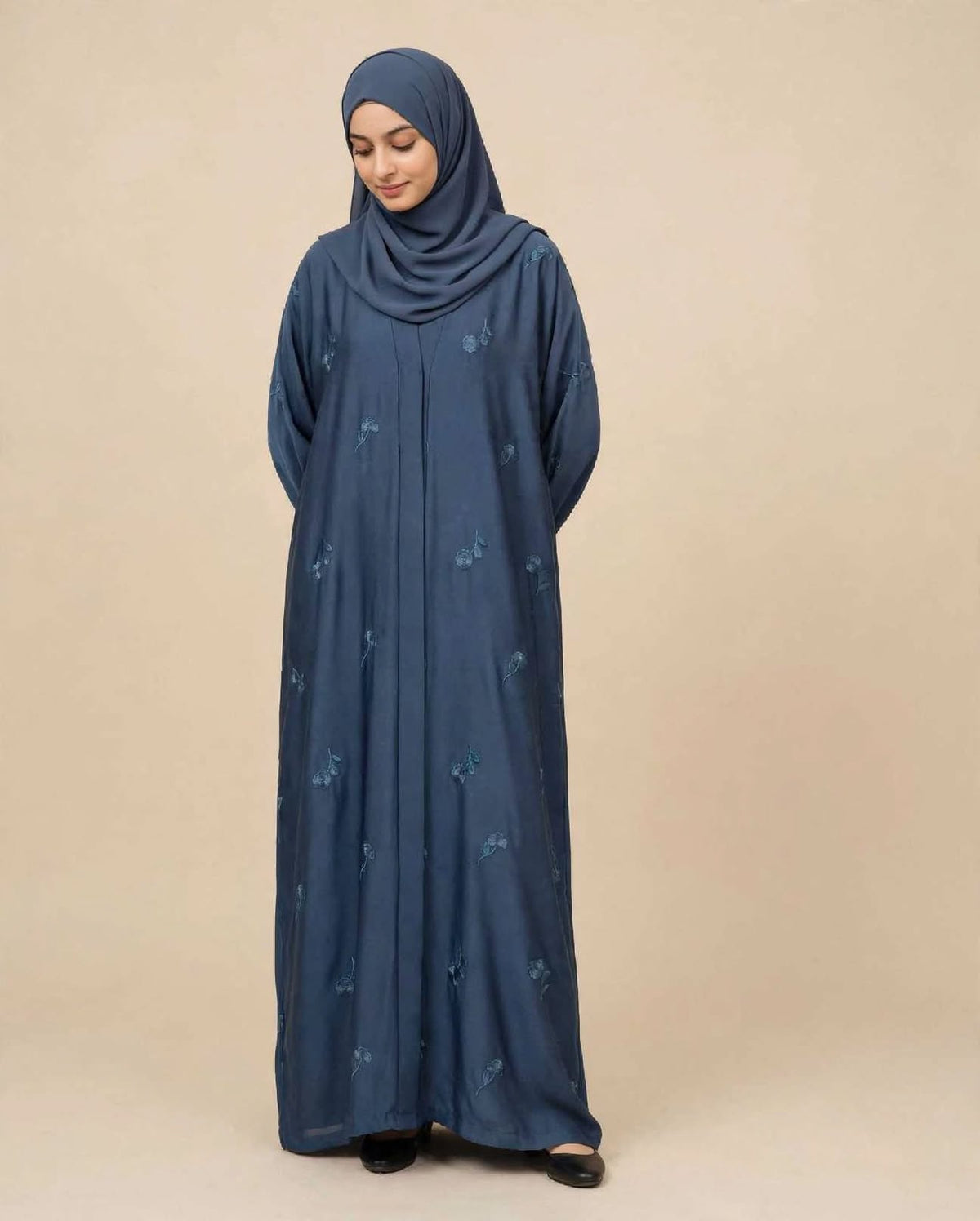 Flower Embroidery Abaya - Navy Blue
