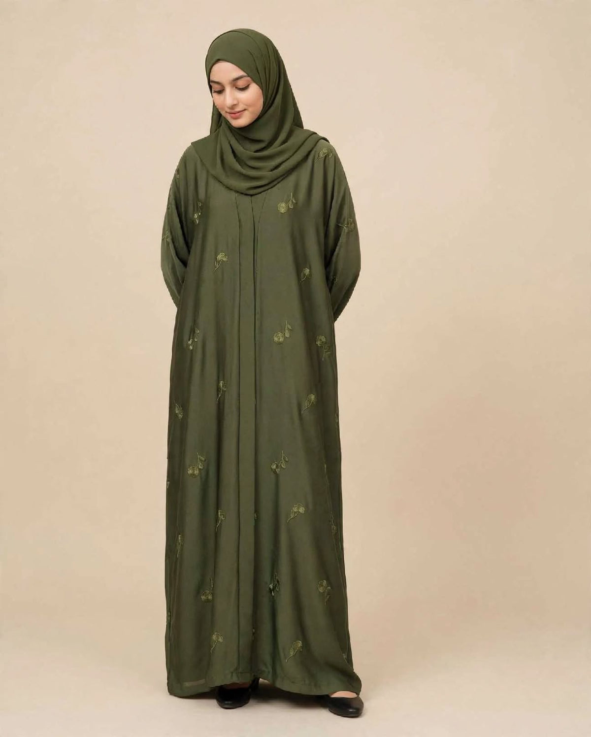 Flower Embroidery Abaya - Olive Green