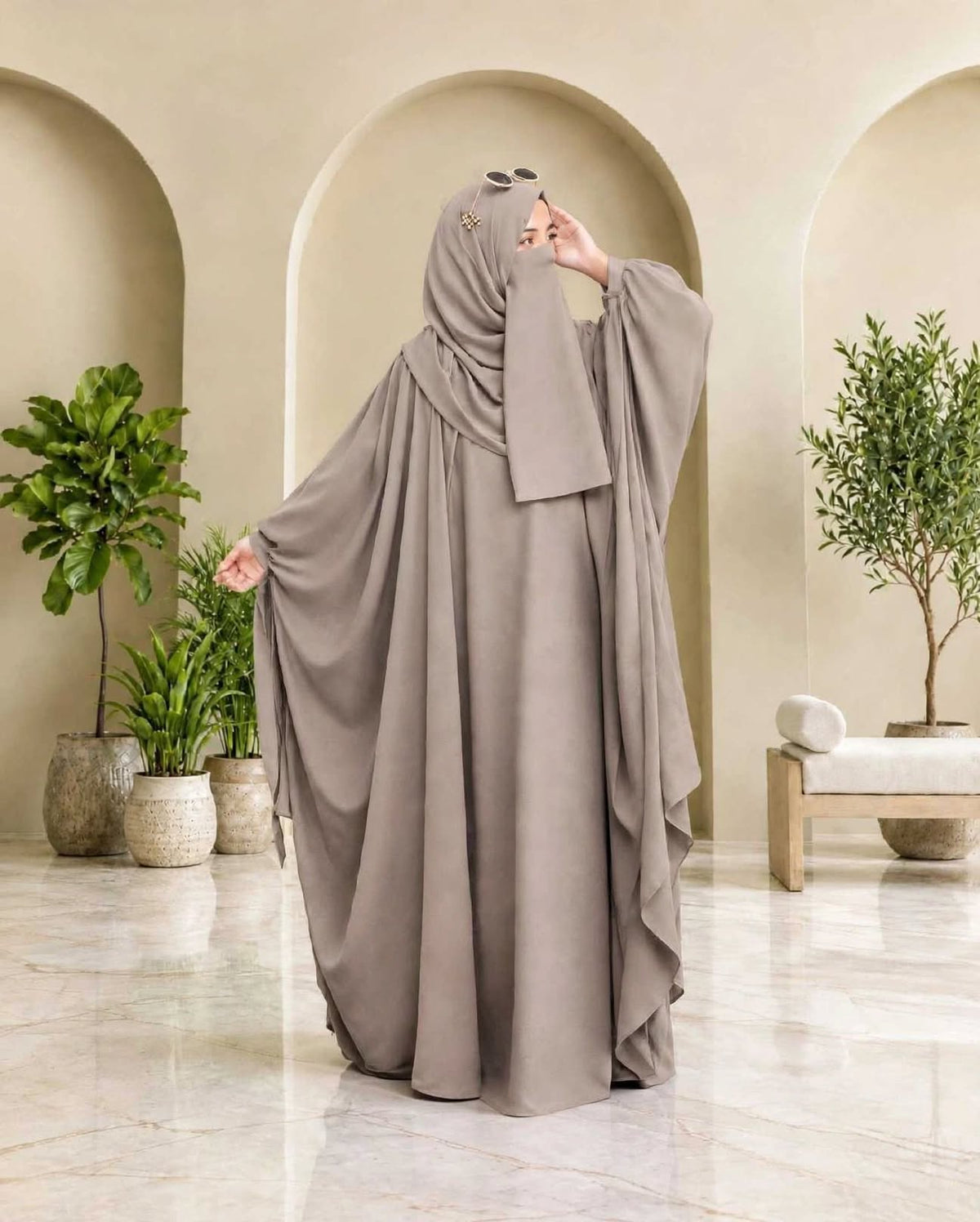 Kaftan Abaya - 4 Piece -Light Taupe Brown
