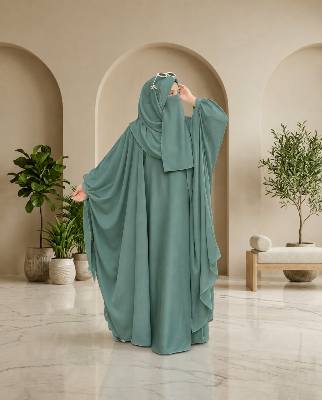 Kaftan Abaya - 4 Piece - Muted Teal color