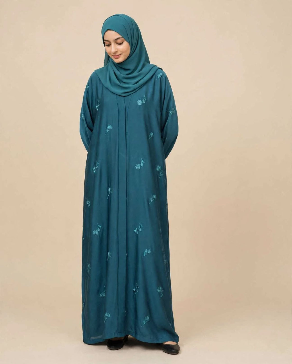 Flower Embroidery Abaya - Zinc Blue